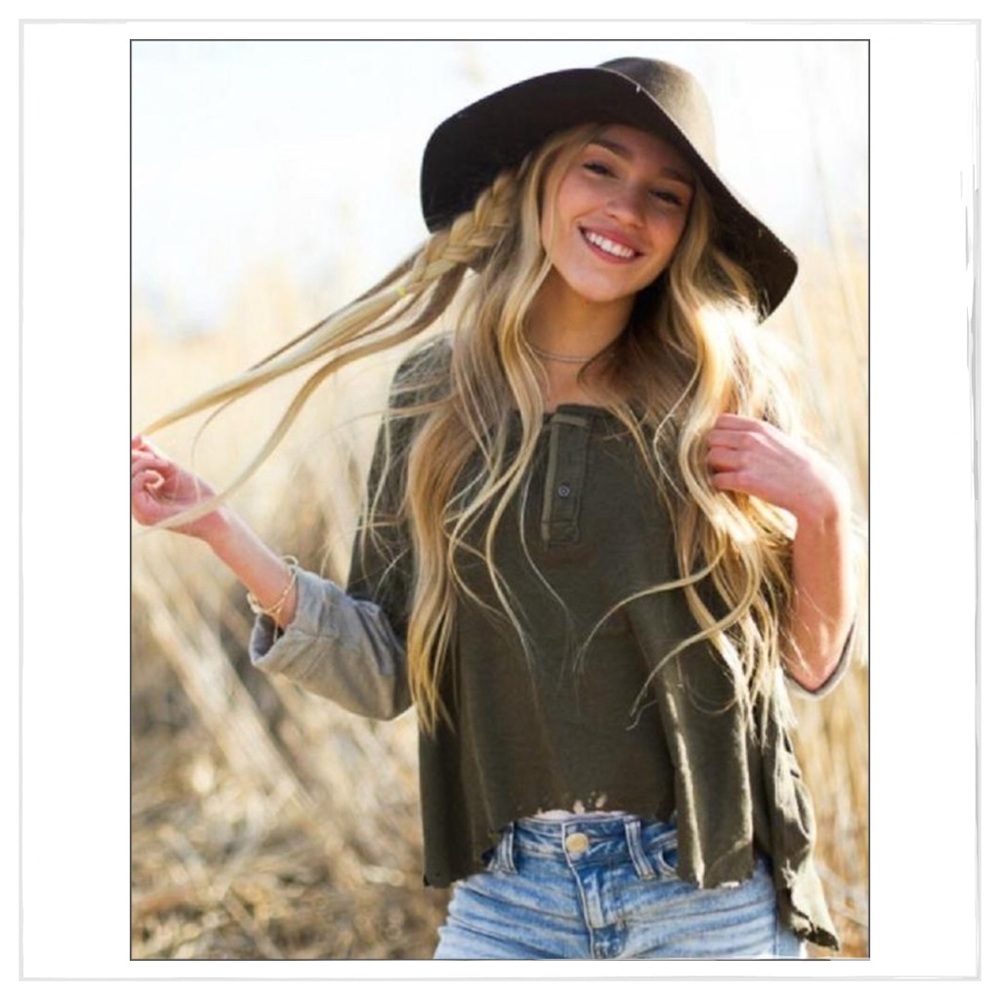 Free People Hi-Lo Army Green Distressed Henley - Picture 2 of 5